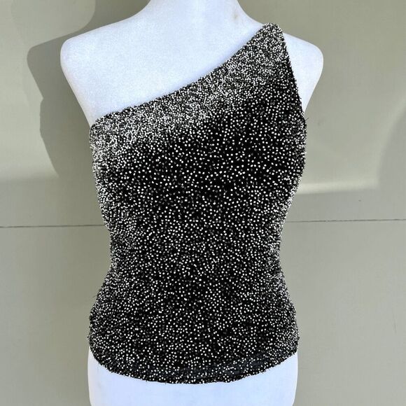 VTG Scala Beaded Silk One Shoulder Asymmetrical Top Black Silver M - Picture 7 of 16
